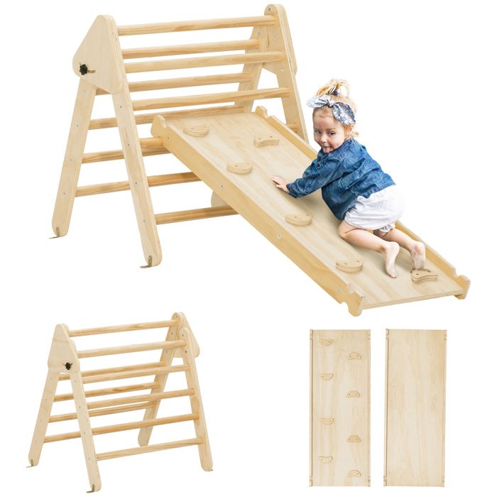 Triangle descalade - AIYAPLAY - 3 en 1 en bois pour grimper et glisser - charge max. 50 kg pour enfants 18-48 mois - bois naturel