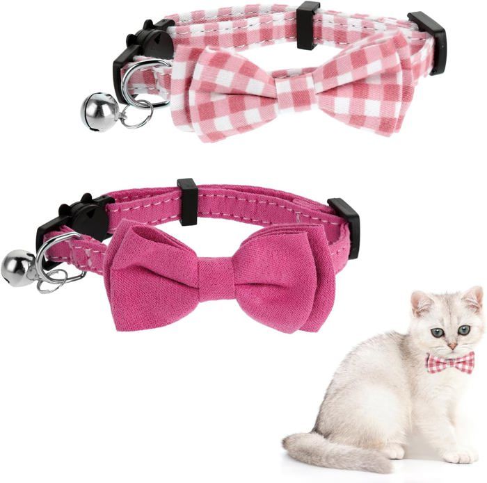 Meilleurs prix pour Lot de 2 colliers pour chat avec jolie clochette à nœud papillon amovible collier réglable pour chat et chaton (rose)