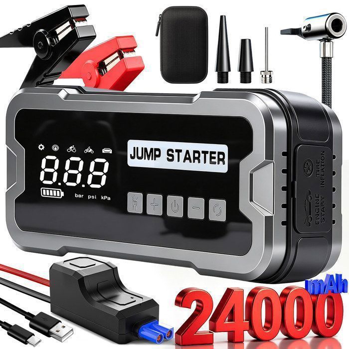 Booster Batterie Voiture Démarreur de voiture Urgence BYONDSELF® 4000A-24000mAh-12V-150PSI Compresseur Dair avec Lamp LED