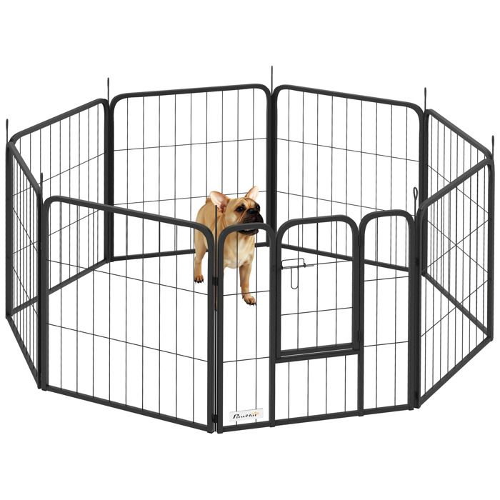 Parc pour chien - PawHut - 8 panneaux modulable et pliable - avec porte - en acier - intérieur extérieur - 60H cm- noir