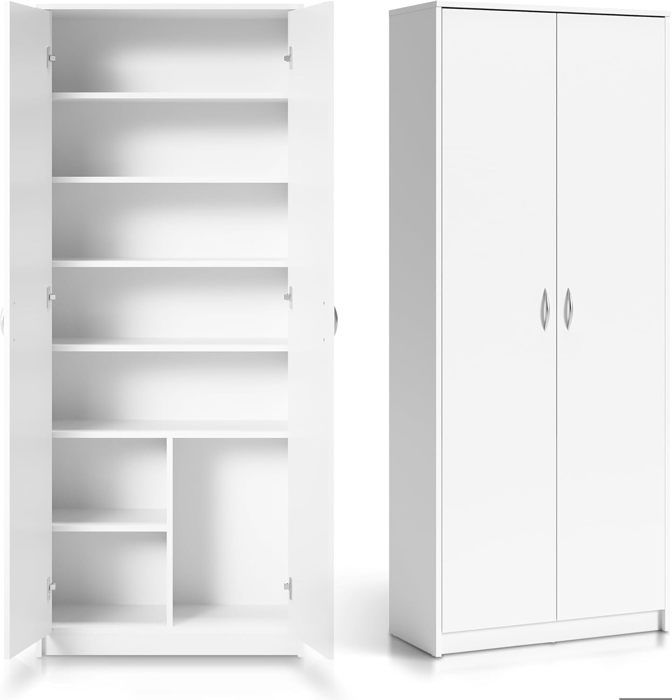 Armoire - Blanche - 180cm - 8 Compartiments - Bois Composite - Design Contemporain