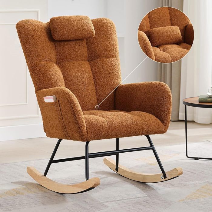 Fauteuil à Bascule - PROMIRACAL - Rembourré - Pieds en Métal et Bois Massif - Confort Ergonomique - Marron