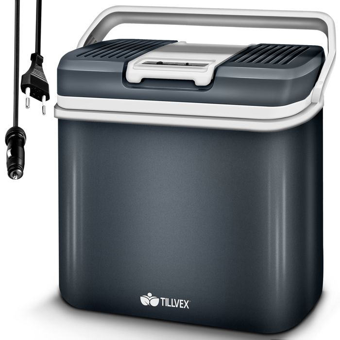 TILLVEX &reg; Glaci&egrave;re &eacute;lectrique 24L Gris  Mini r&eacute;frig&eacute;rateur 230V et 12V pour Voiture Camping  Refroidit et r&eacute;chauffe  ECO Mode 