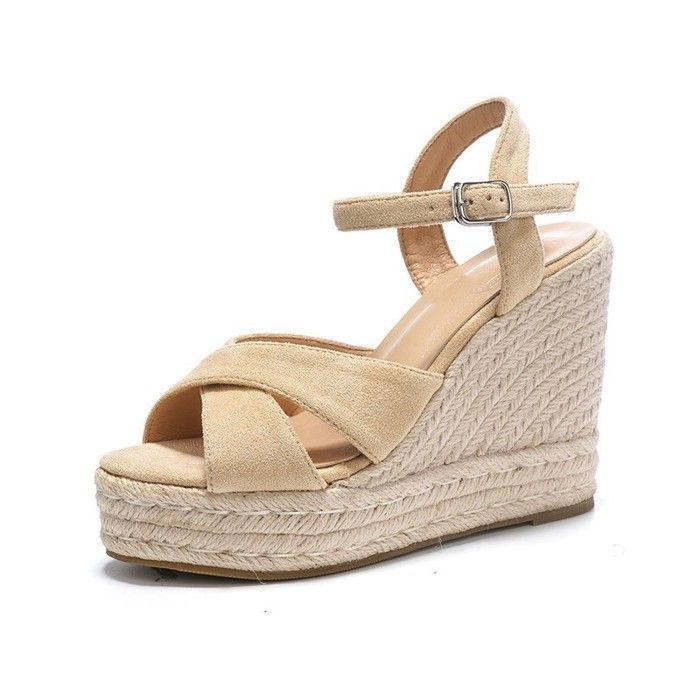 ECELEN Sandales Compensées Femme Été – Talon Haut Espadrille-Bout  Ouvert-Bride Cheville Réglable – beige clair