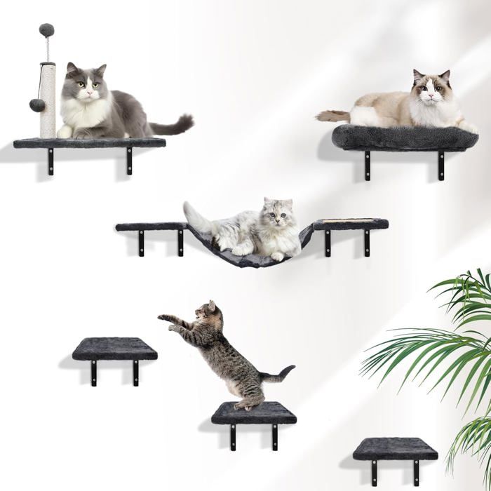 Mur D'Escalade Pour Chat - Ensemble De 6 Étagères Murales - Parc Avec Salon - Pont - Arbre - Escalier Et Planche À Gratter - J