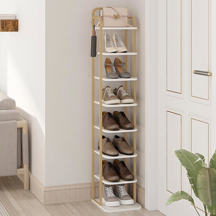 Étagère à chaussures verticale à 8 niveaux tour à chaussures pour petits espaces autoportante réglable gain de place or blanc