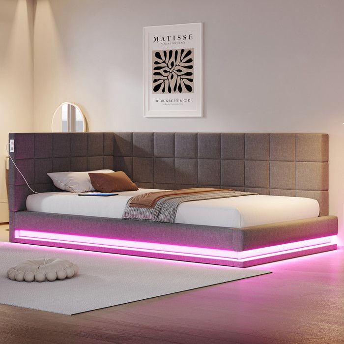 Canapé-lit 90x200 - Velours gris - LED intégrée - USB - Tête de lit rembourrée