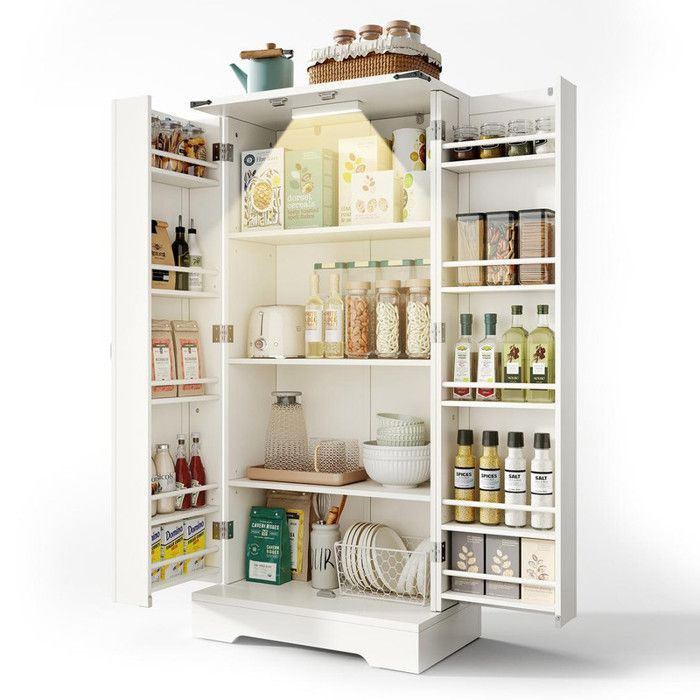 Buffet de cuisine 60x35x128.5 cm avec 2 portes battantes et LED Buffet haut avec étagères réglables Buffet salle a manger en blanc