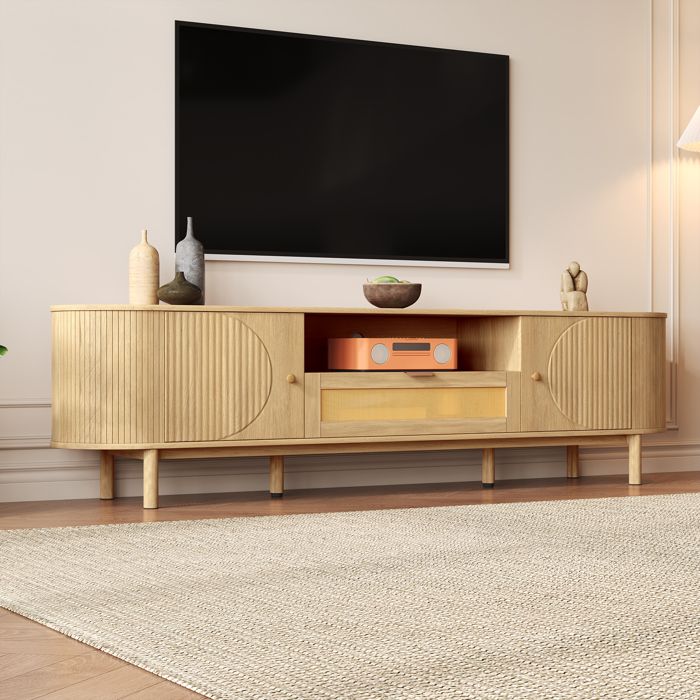 Meuble TV en Bois Clair 175 cm avec Tiroir en Rotin – Design Scandinave Arrondi et Pieds Métalliques - MERAX