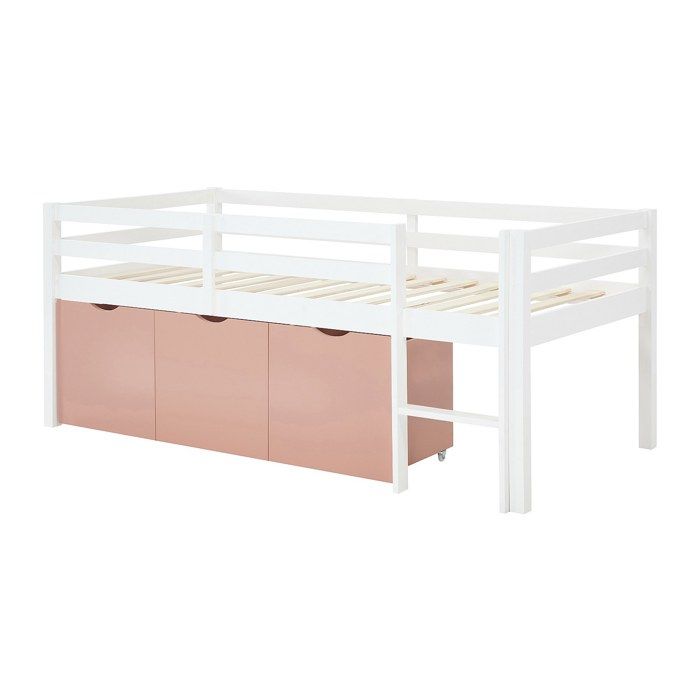 Lit mi-hauteur 90 x 190 cm avec rangement - Pin et MDF - Blanc et rose - LANIORI