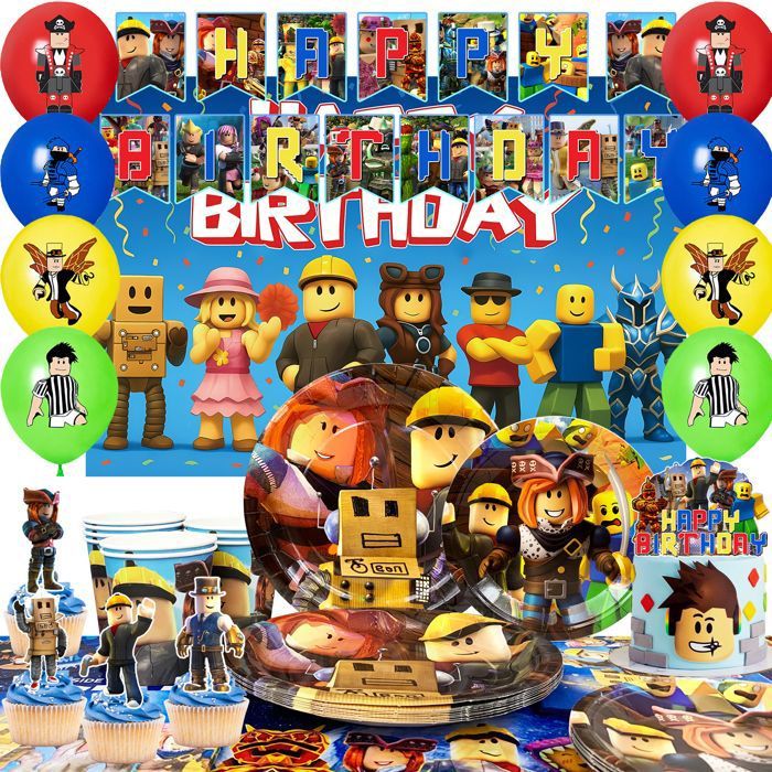 Décoration anniversaire - INBOXXARTY - Roblox - Multicolore - Kit complet vaisselle & déco - Pour enfant mixte
