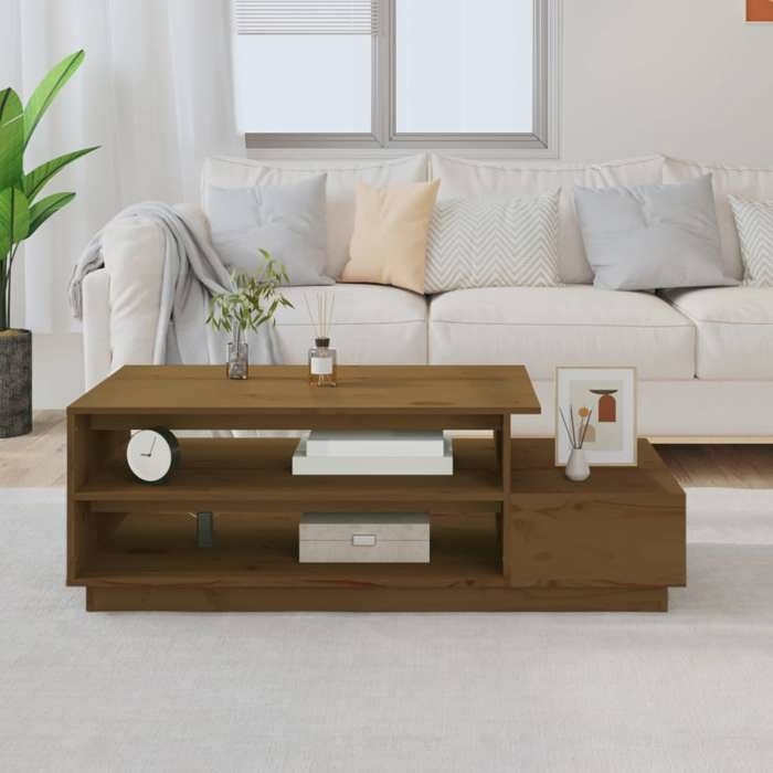 Table basse campagne rustique marron miel en pin massif tiroir de rangement 120 x 50 x 40 5 cm pour salon