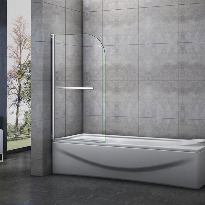 Pare baignoire L.70 x H.130cm pivotant à 180 avec 2 étagères et porte-serviette - 5mm verre sécurit - Installation réversible