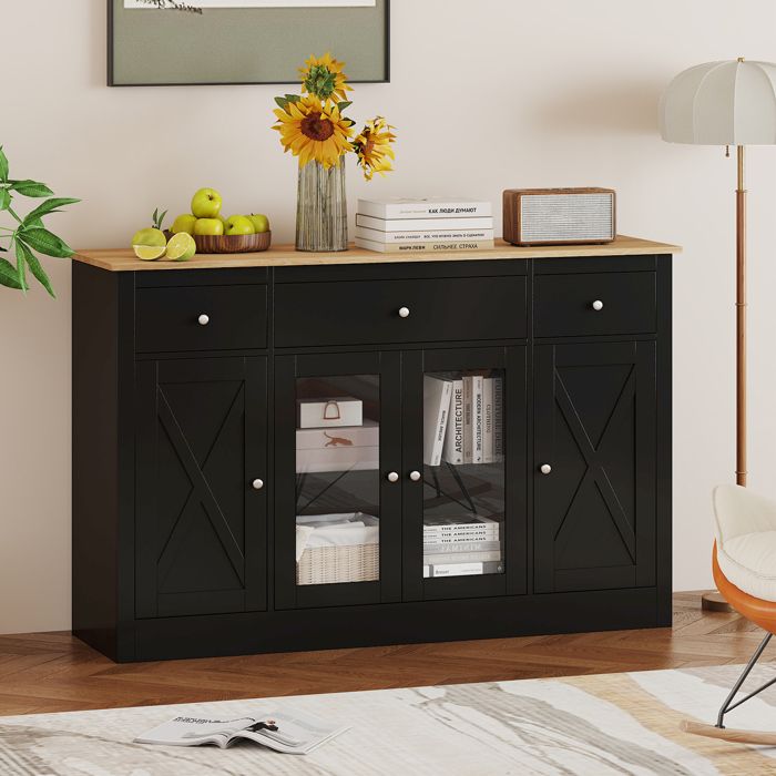 GIANTEX Buffet de Cuisine- 3 Tiroirs- Armoire de Rangement à 2 Portes Transparente- Étagères Réglables- 140x40x90cm- Noir
