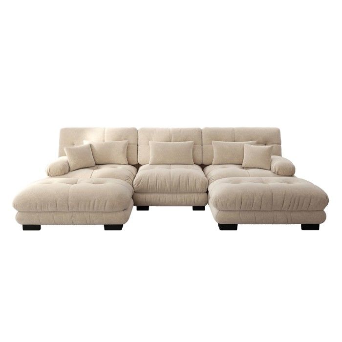 Canapé dangle modulaire luxe en U nuage convertible canapé-lit siège profond + pouf chenille marron clair 313x145x81cm