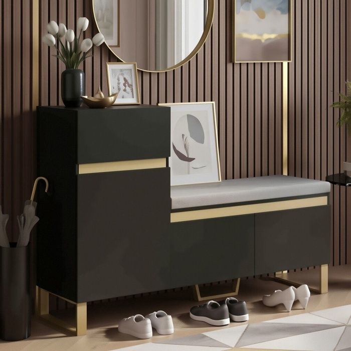 Meuble à Chaussures 120cm - Banc de Rangement avec Coussin - Tiroir & Portes - Design Moderne Chic - Noir et Doré