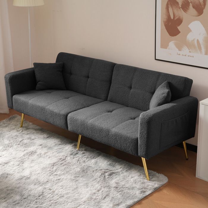 Canapé Convertible avec Fonction Lit - Gris Foncé - Pieds Dorés Tissu Sherpa avec Oreillers et Poches Latérales - MERAX