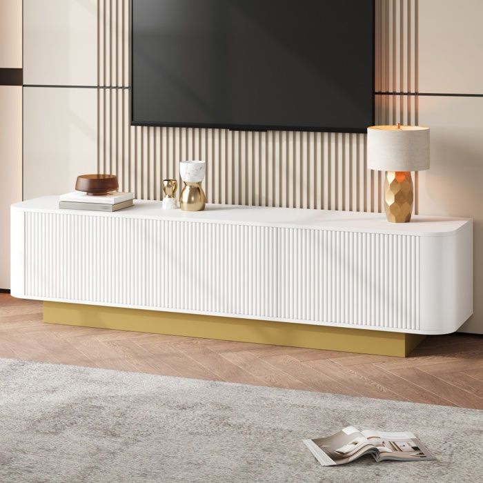 Meuble TV 170x40 5x47cm moderne avec coins arrondis et 3 portes texture rainurée gestion des câbles Blanc