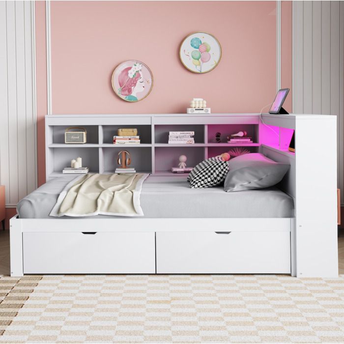 Lit avec rangement blanc 90×200 cm sommier inclus USB et LED structure solide montage nécessaire