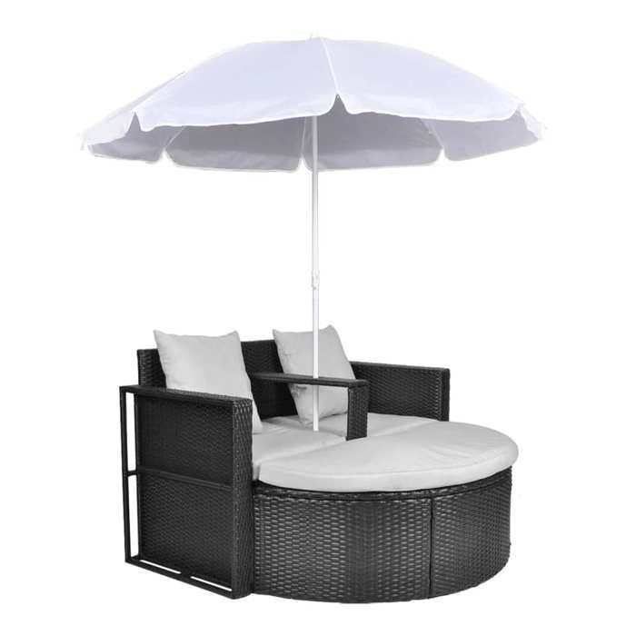 Promotion avril*Lit de jardin - YUYAN - Transat/Fauteuil camping - avec parasol Noir Résine tressée130x58x77cm 419708