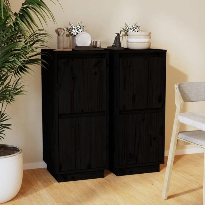 Buffets - (2 pcs) - Meuble rangement - Noir 315x34x75 cm Bois massif de pin A3198