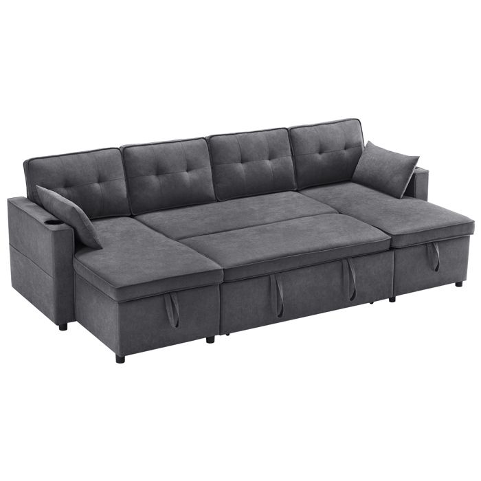 VLIVRA Canapé panoramique en U convertible 4 places avec rangement et porte-gobelets en coton lin gris 270 × 130 × 86 cm