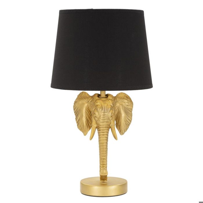 Petite Lampe de Chevet Éléphant en Résine Dorée avec Abat-jour en Tissu Noir - Réf. VK8681847402718