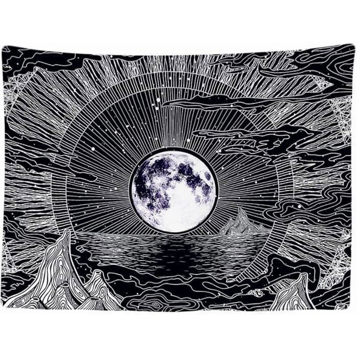Tapisserie Murale Décorative Chambre Lune Etoiles Nature Nuages Bohème Psychédélique Montagnes 200 x 150 cm Lune multicolor TENTURE