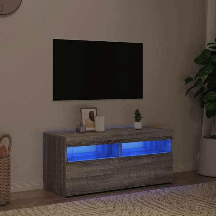 Meuble TV tendance et pratique - Table TV SALON - avec lumières LED - Sonoma gris 90x35x40 cm 23DA8l