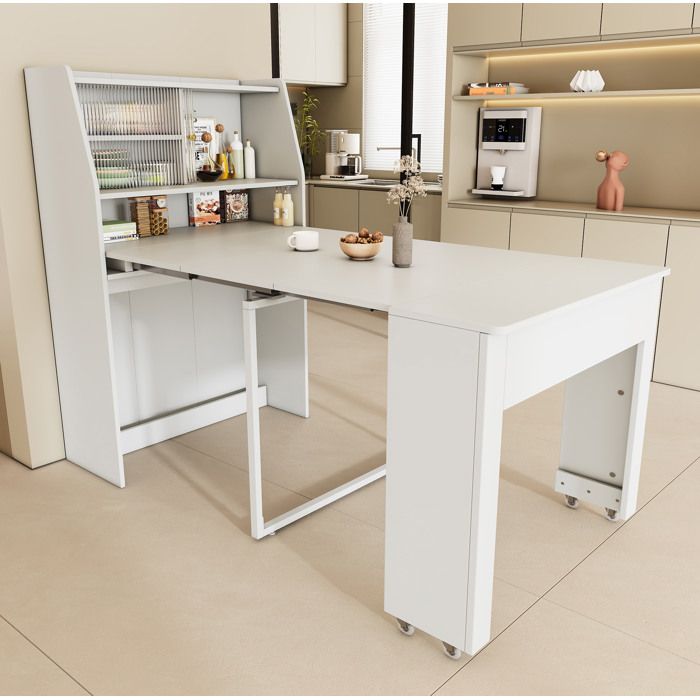 Table à manger extensible blanche avec rangement intégré et vitrine en verre