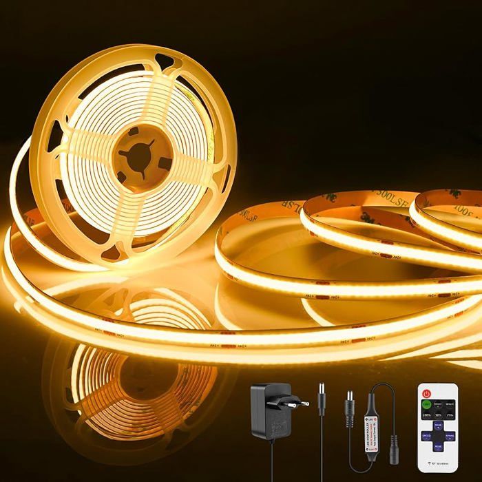 Rayures LED COB 2m bandes LED chaudes blanc 3000k bande LED Dimmable 24V CRI92 Largeur de 8mm avec télécommande et 2m