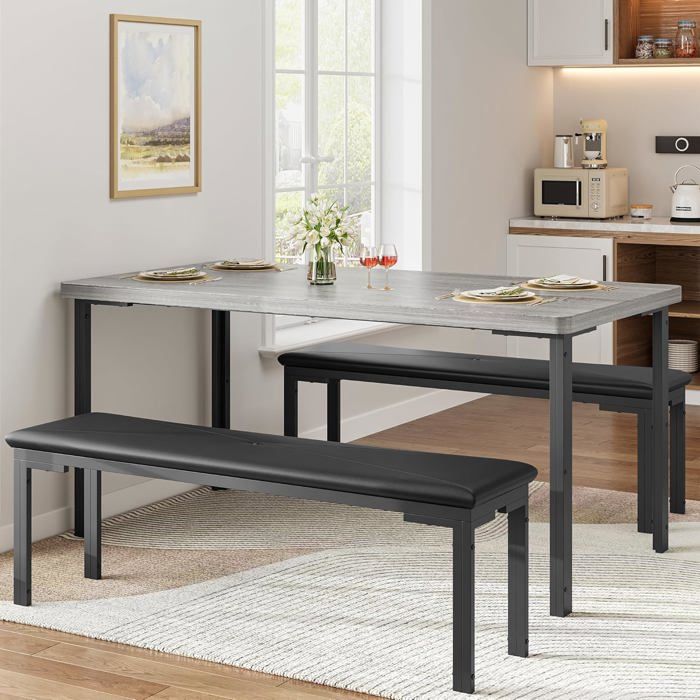 AFF Ensemble table et chaise de salle à manger-Table en Bois Massif Rectangulaire 110 cm avec 2 Bancs –pour Cuisine Salon gris