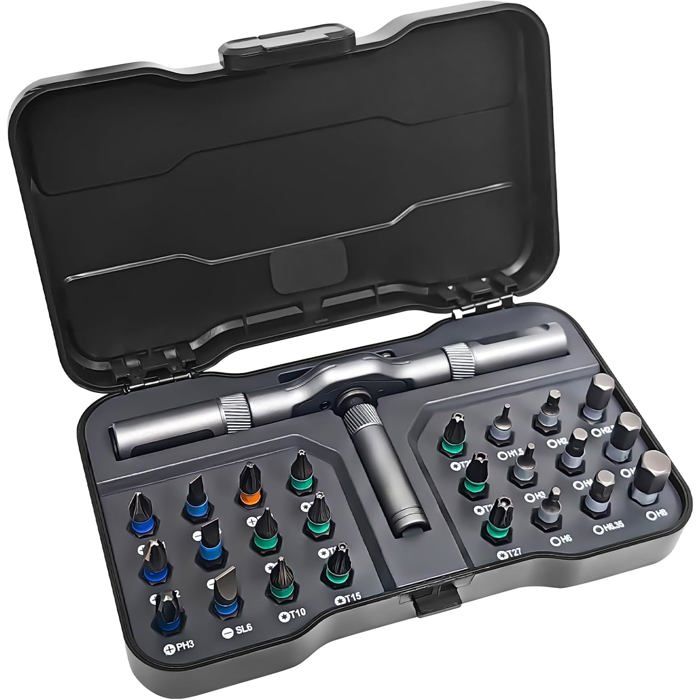 Jeu de 24 tournevis à cliquet magnétiques – avec manche et embouts outils adaptés à la réparation de meubles