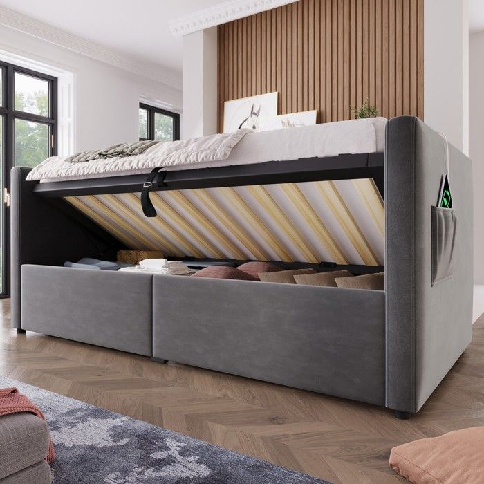 Canapé-lit hydraulique - PAGE Living - 90x190 - Velours gris - Station USB + Type-C