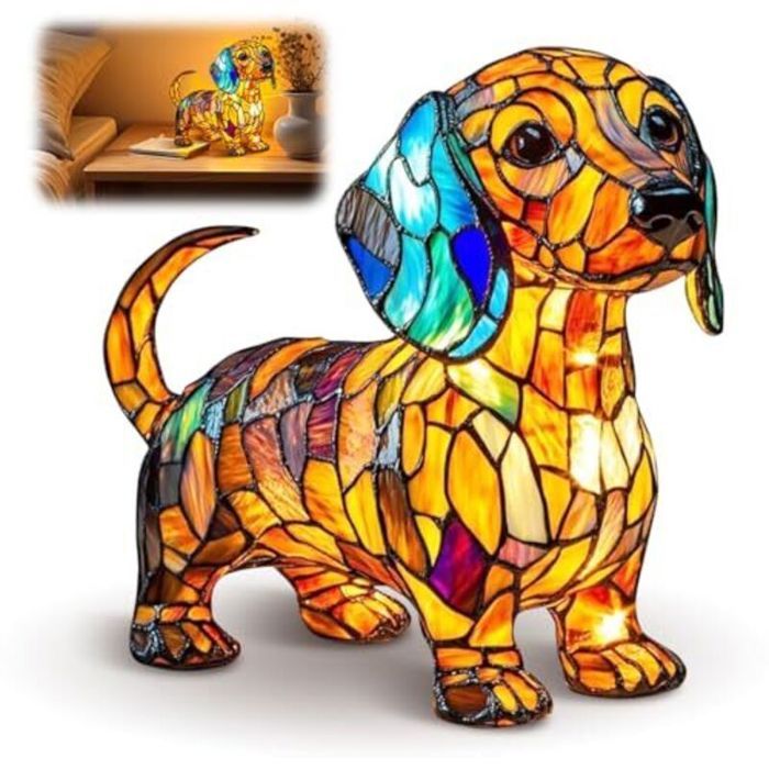 Lampe chien teckel – Style Tiffany verre coloré LED USB – Décoration chambre cadeau amoureux animaux