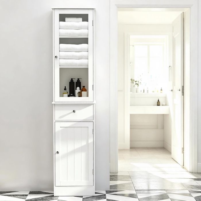Meuble Colonne de Salle de Bain Placard Porte Acrylique 2 étagères Placard Porte 1 étagère tiroir MDF Blanc