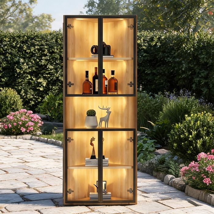 Vitrine dangle en MDF effet chêne 62x32x160 cm - Éclairage LED intégré - Porte en verre trempé