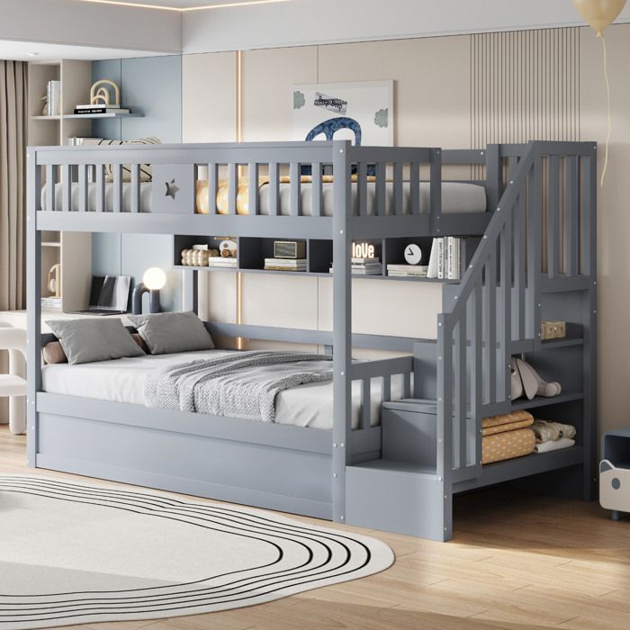 HOMVRA Lit superposé 90x200 cm en bois gris avec rangement hydraulique escalier de rangement et étagères