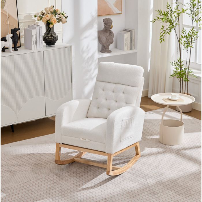 WOVREO Fauteuil à bascule blanc en tissu teddy avec repose-pieds télescopique poches latérales et bois massif