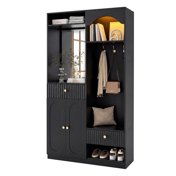 Meuble d’Entrée avec Miroir 100x35x180 cm COZHYESS Penderie avec Banc Patères Rangements Range-Chaussures LED RGB Noir MDF
