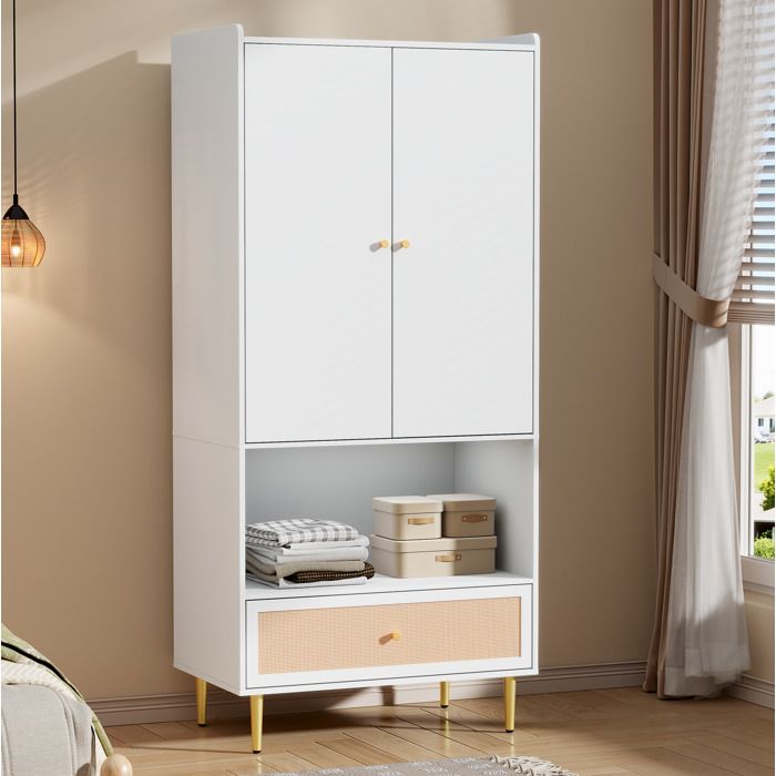 Armoire 2 Portes 1 Tiroir Décor Rotin Niche Ouverte et Penderie - ELVMI - Chambre Blanc et Naturel 80×48×175 cm