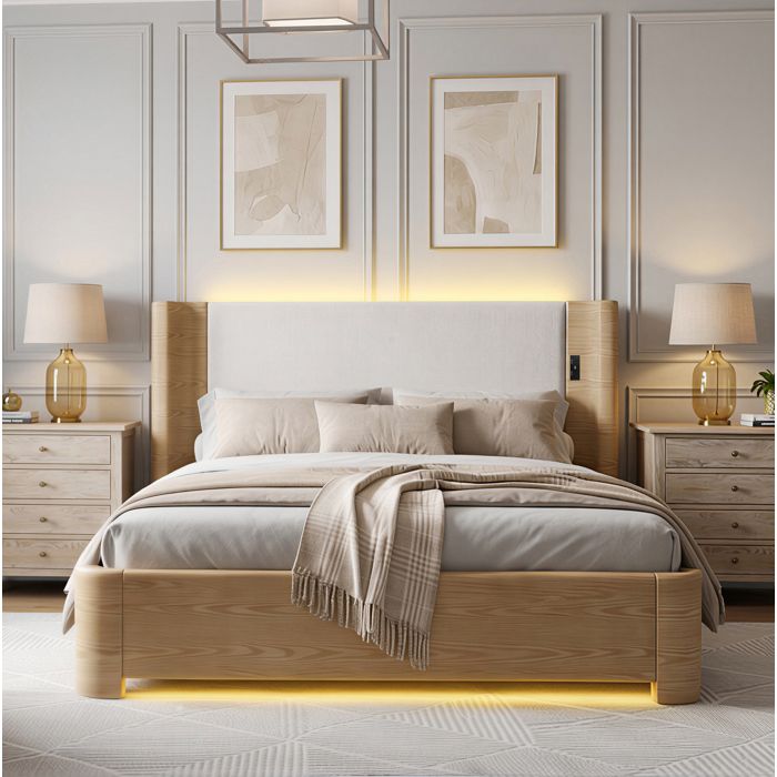Lit coffre double 190 x 200 cm avec LED 7 couleurs rangement hydraulique 750 N beige
