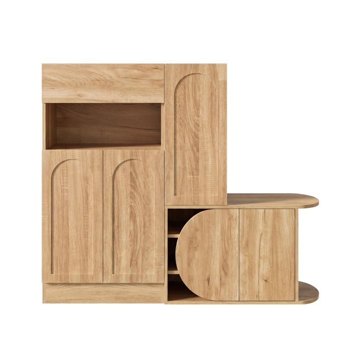 Meuble à chaussures avec banc 130cm 5 portes tiroir niche ouverte rangement entrée en MDF effet chêne naturel Meuble à chaussures avec banc 130cm 5 portes tiroir niche ouverte rangement entrée en MDF effet chêne naturel