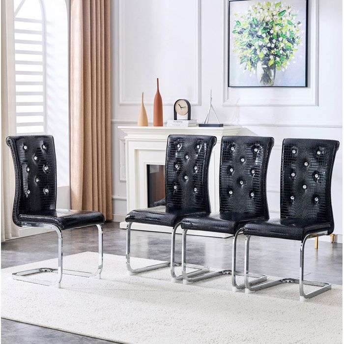 ROVRYN Lot de 4 chaises de salle à manger noir PVC aspect crocodile métal chromé dossier haut