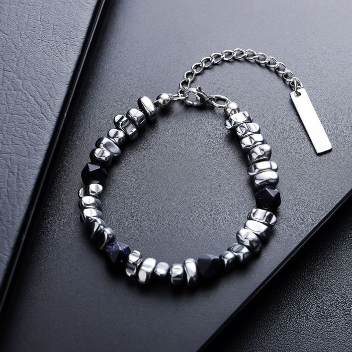 Bijoux Homme XJYDNCG Bracelet Homme Femme en acier inoxydable avec pierres réglable 17+5cm - Argenté Noir