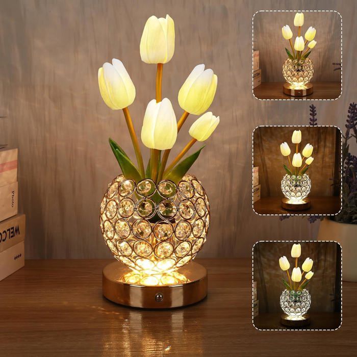 Cadeaux DAnniversaire Pour Femme Lampe De Table À Batterie - 3 Couleurs - Fleur De Cristal - Intensité Variable À LInfini[LL727]