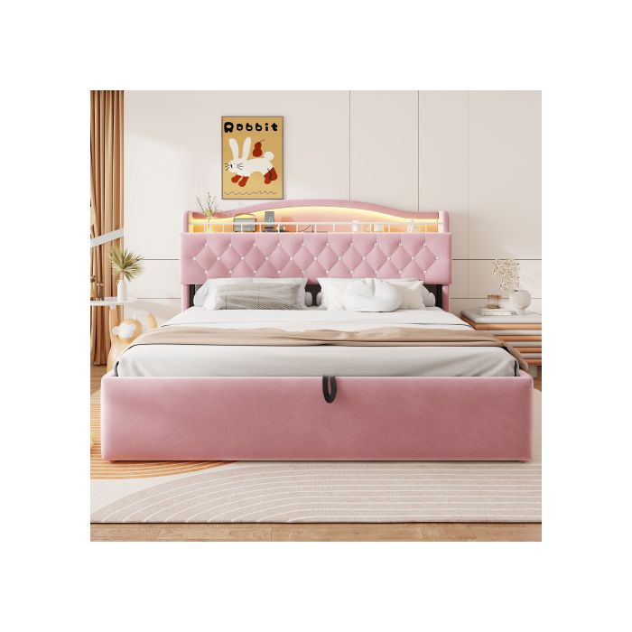Lit Coffre - WESTYLE - 180x200 - Velours rose - LED & boutons cristal - Coffre hydraulique