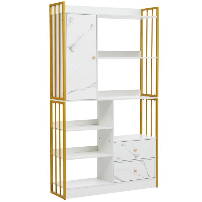Bibliothèque 6 étagères – portes et 2 tiroirs – blanc effet marbre et doré – 100 x 30 x 1735 cm
