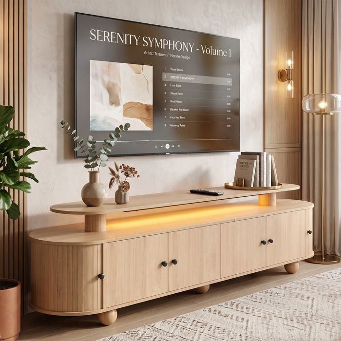 Meuble TV Enfilade 180x40x48cm Grand Rangement LED App USB  Design Soigné Effet Chêne
