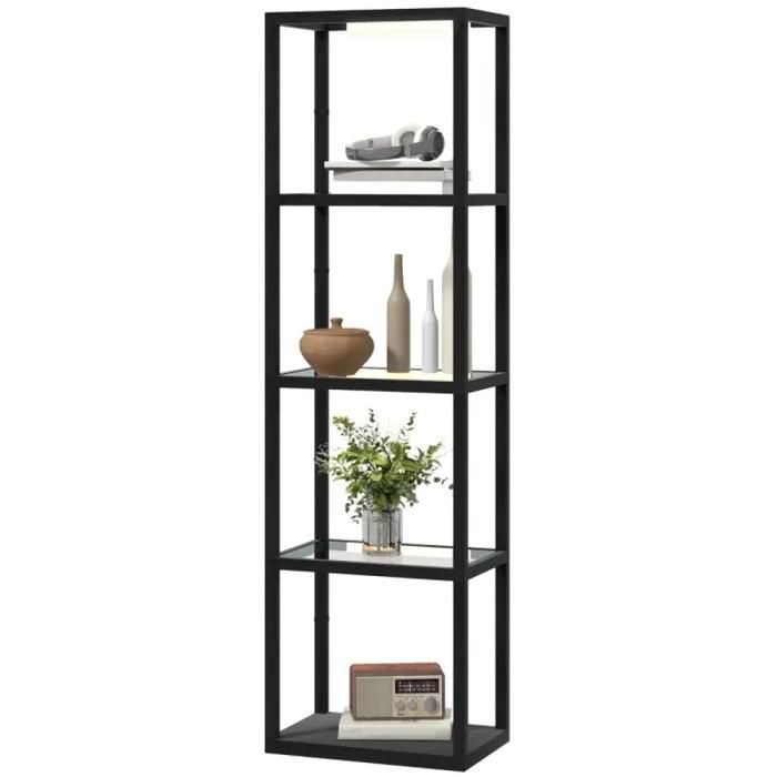 Lampadaire LED avec 4 étagères en verre rangement intensité réglable étagère bibliothèque bois MDF noir décoration salon chambre